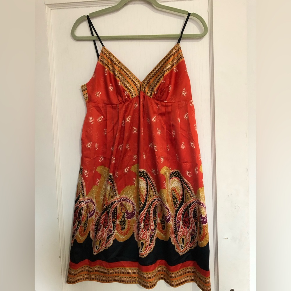 Red, gold and black slip dress, size 10, back zipper with adjustable straps